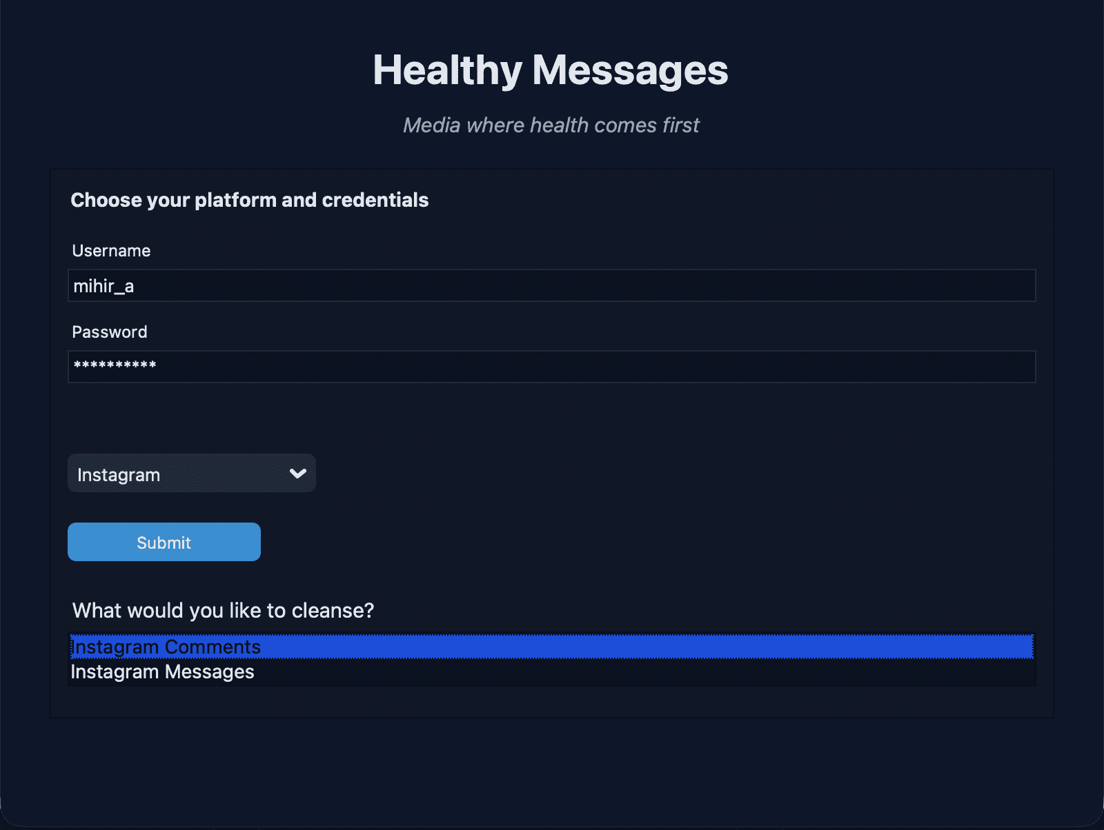 Healthy Messages interface